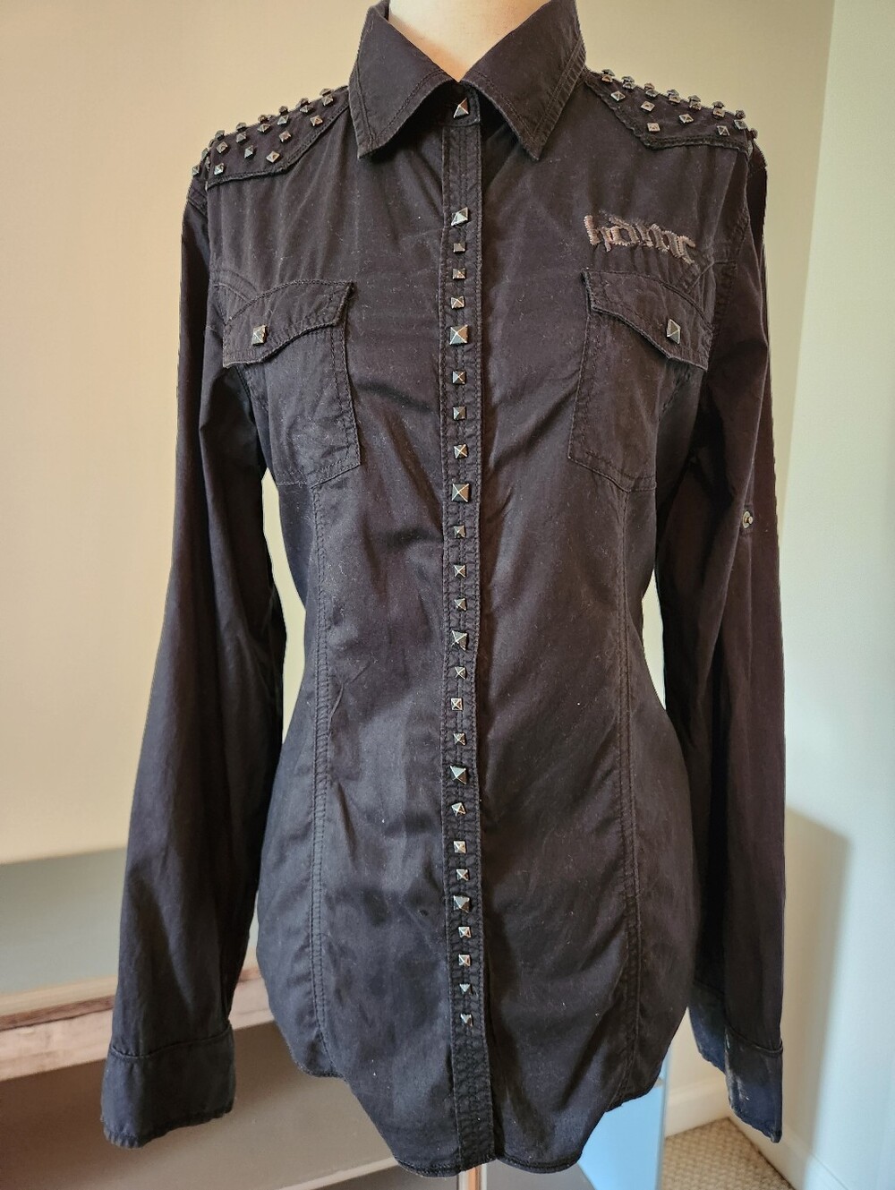 Black Studded Snap Front Women's Long Sleeve Shirt
